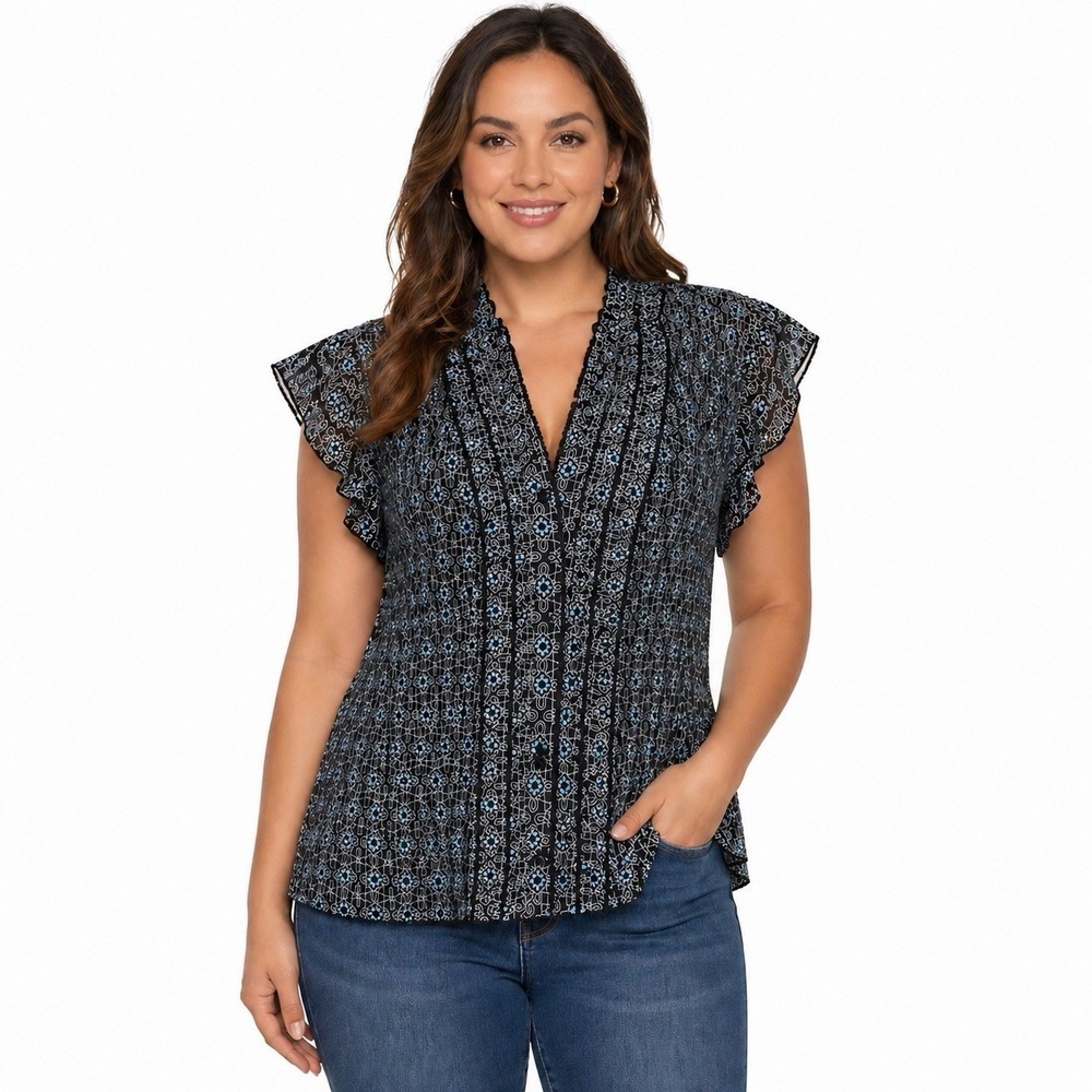 APT 9 Womens Blouse XL Black‎ Blue Floral Pleated Button Front Top Sheer